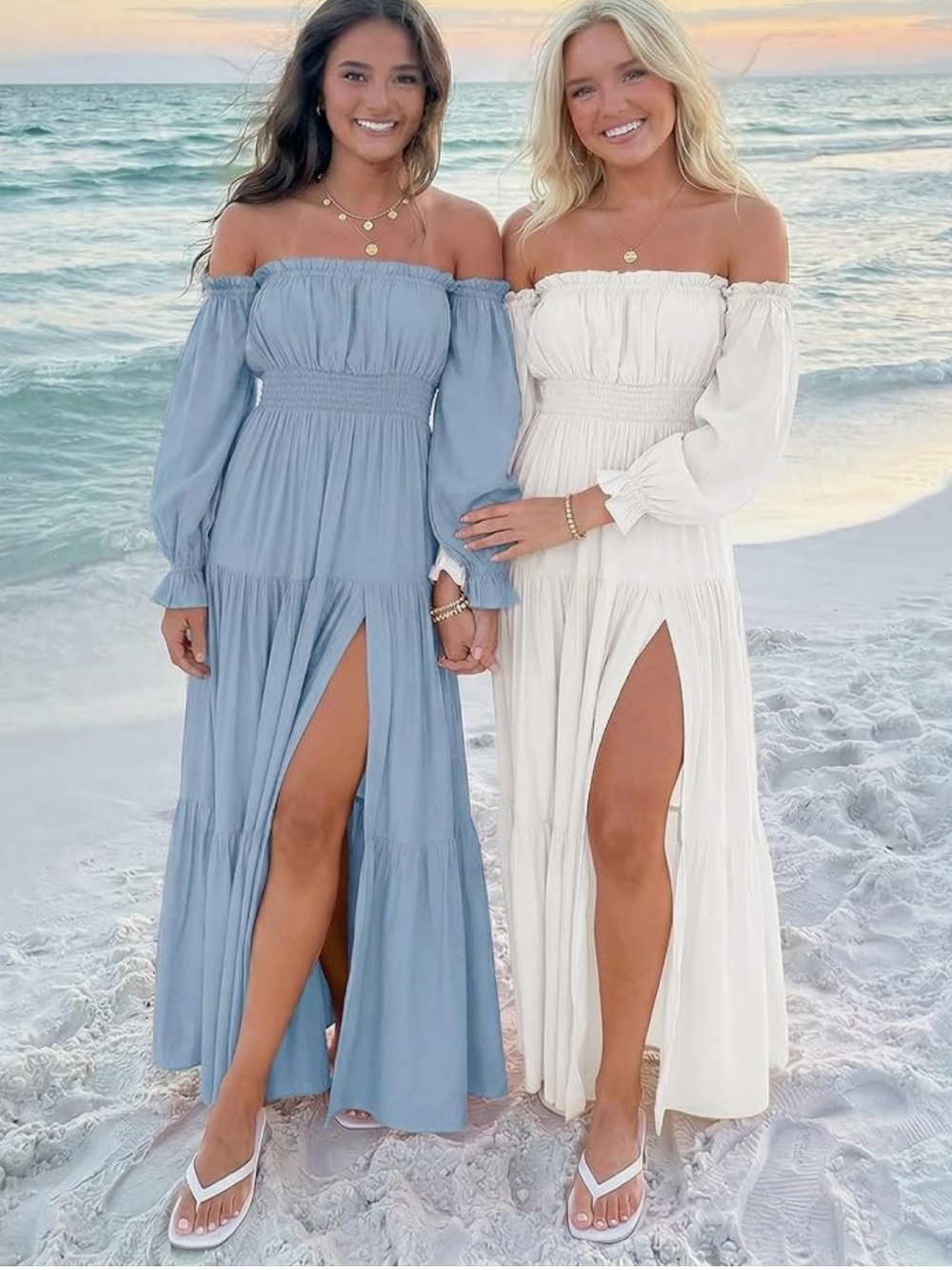 Off Shoulder Long Sleeve Smocked High Waist Side Split Flowy Long Maxi Dress